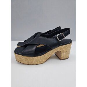 Vince Clementina Platform Sandal Womens 10 Black Leather Raffia Block Heel NEW
